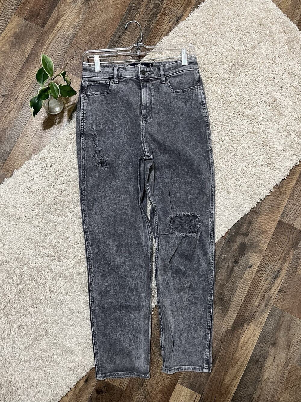 Hollister Size 27 Gray Acid Wash Grunge Distressed Ultra High-Rise Mom Jeans